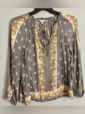 Lucky Brand Gray Floral Peasant Blouse with Pink & Yellow Accents